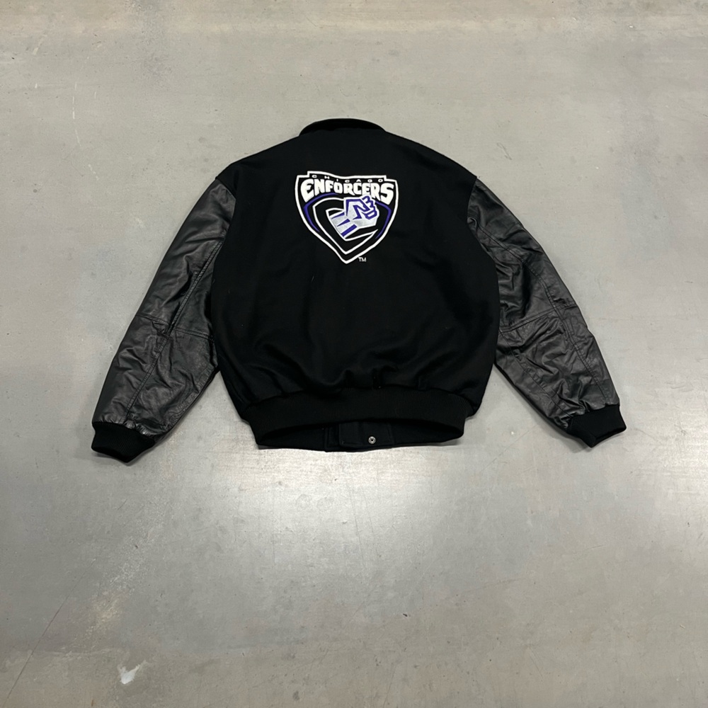 Vintage Y2K XFL CHICAGO ENFORCERS Size L Varsity Football Jacket Black Heavy